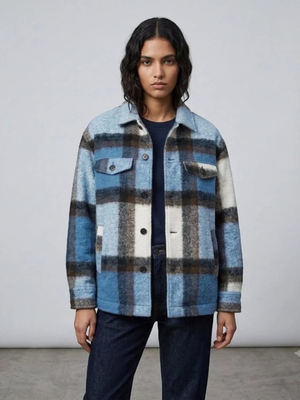 ZARA Italian Fabric Plaid Shacket Oversized Wool Blend Jacket Blue XS